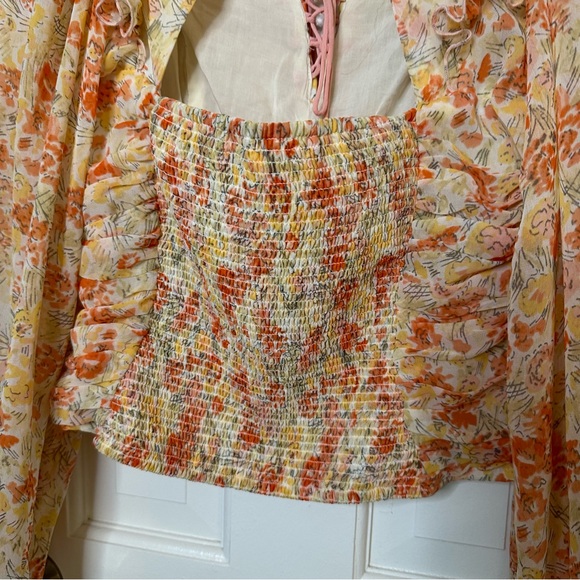 FREE PEOPLE Mabel Floral Print Yellow Orange Ruched Long Sleeve Top Bohemian XS - Picture 10 of 12